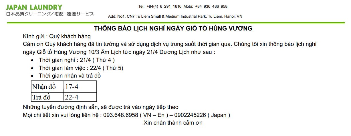 Japan Laundry thông báo lịch nghỉ lễ Giỗ tổ Hùng Vương